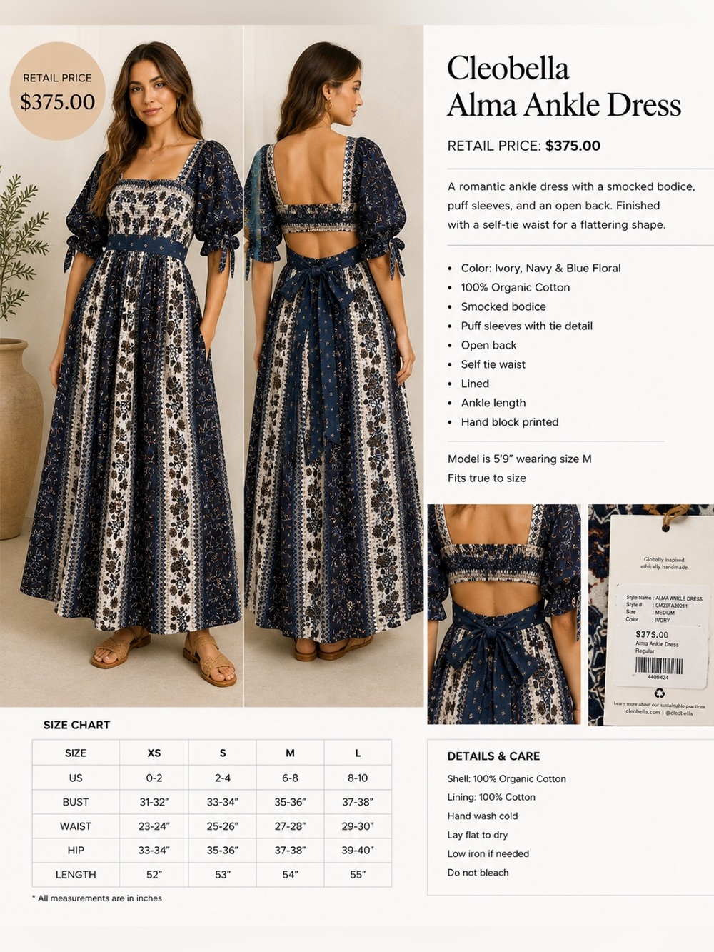 Cleobella Alma Ankle Dress Blue Ivory Floral Puff Sleeve Smocked Dress - M